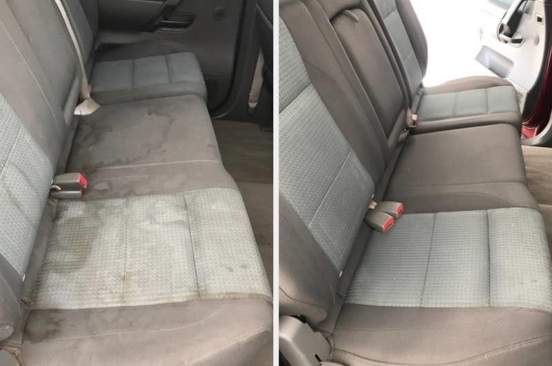 On the left, a car seat looking dirty and stained, and on the right, the same car seat now clean