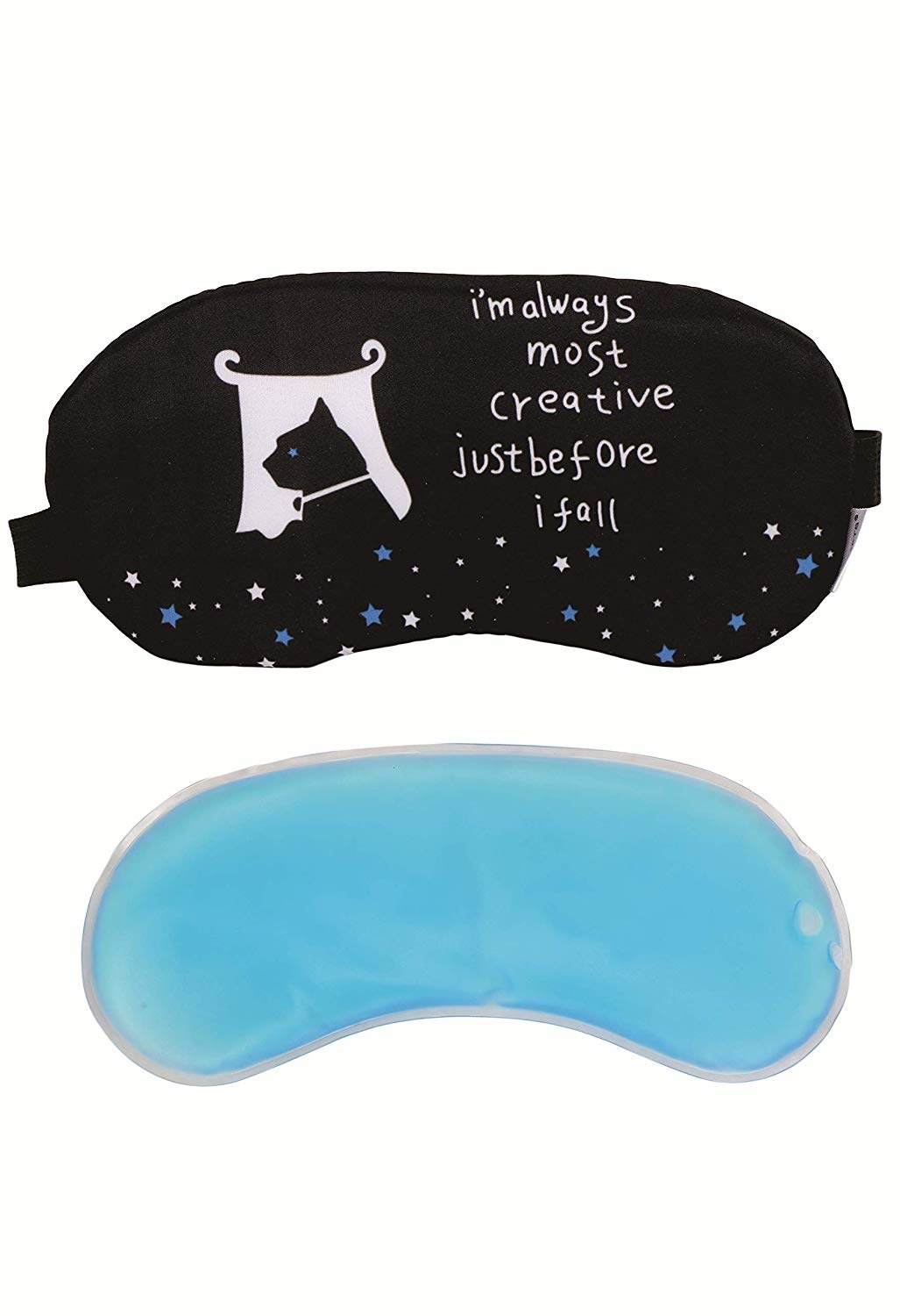 A black cat eye mask with a blue cooling gel pad