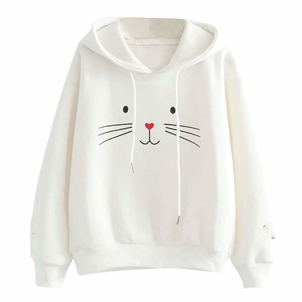 A white hoodie with a bunny face on it