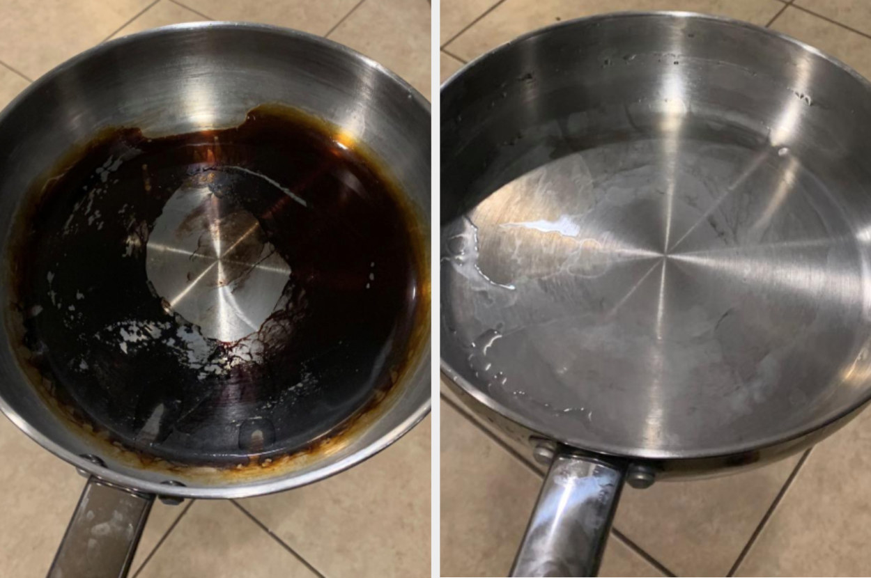 on the left, a reviewer&#x27;s pan looking burnt, and on the right, the same pan now completely clean and shiny again
