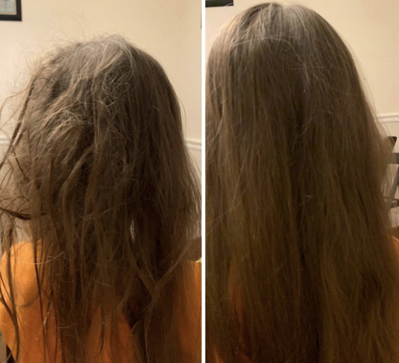 a reviewer&#x27;s before and after photo of tangled and then tamed hair