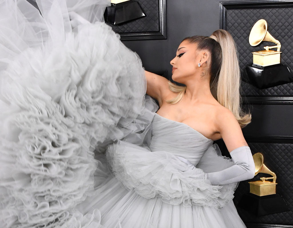 Ariana Grande attends the 62nd Annual GRAMMY Awards at Staples Center... |  Champagne evening dress, Grammy dresses, Pink evening dress