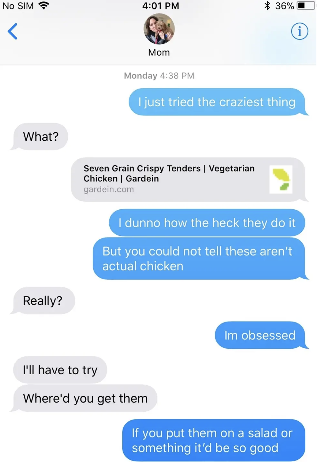 A daughter texting her mom about an exciting new recipe