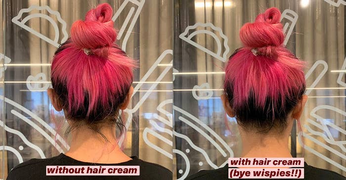 A comparison showing a person&#x27;s bun before and after using the hair finishing stick