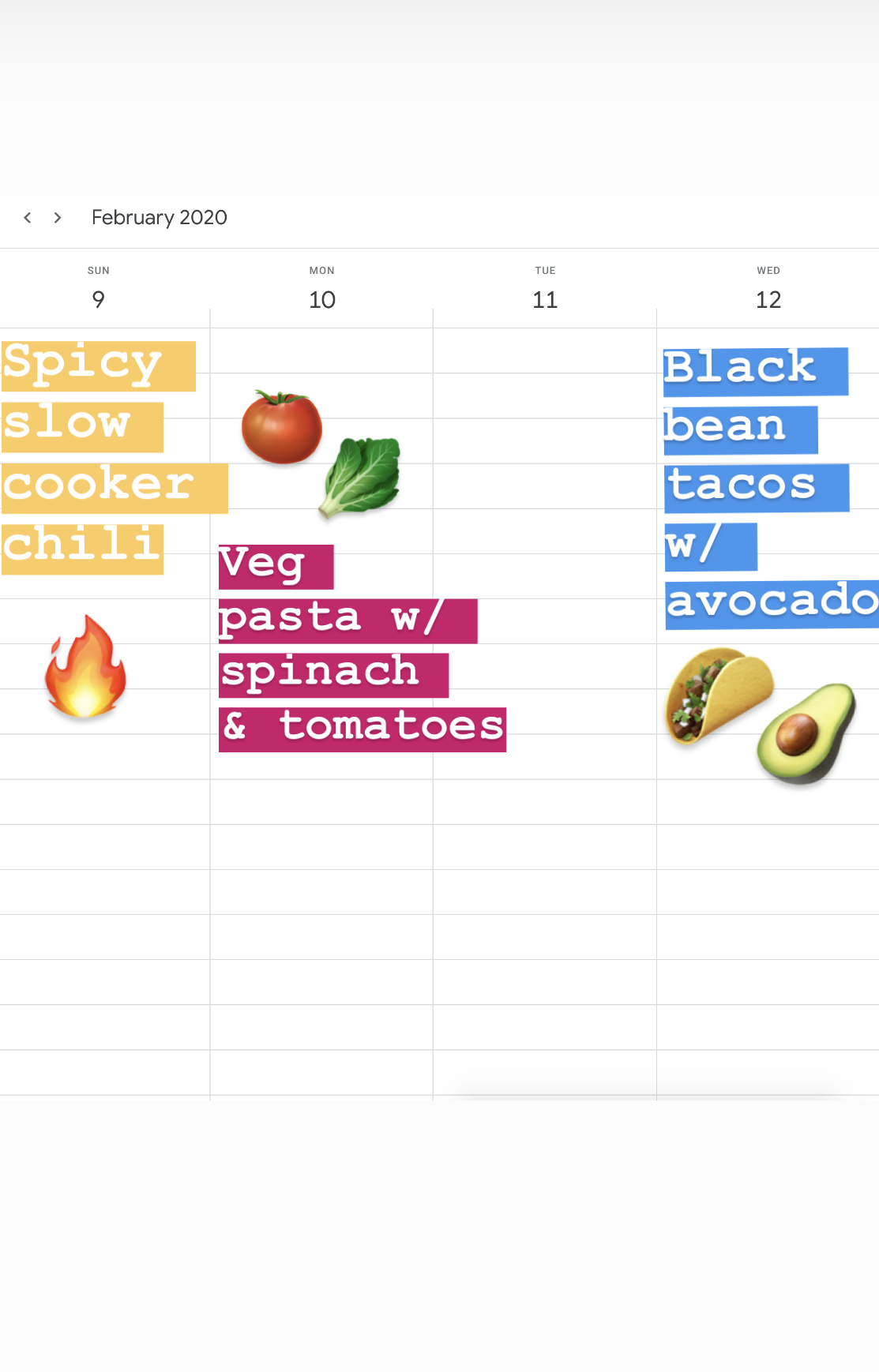 A calendar with recipes for each day