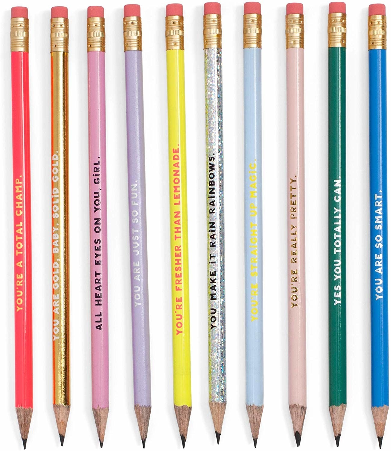 A set of ten sharpened pencils with quotes written on them