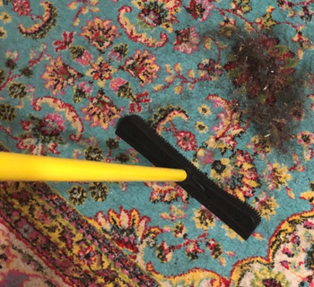 A photo of the Furemover squeegee broom being held over a blue and pink-printed rug. The broom has a yellow stick and the squeegee part is black. There's a clump of hair that's been presumably corralled by the squeegee.