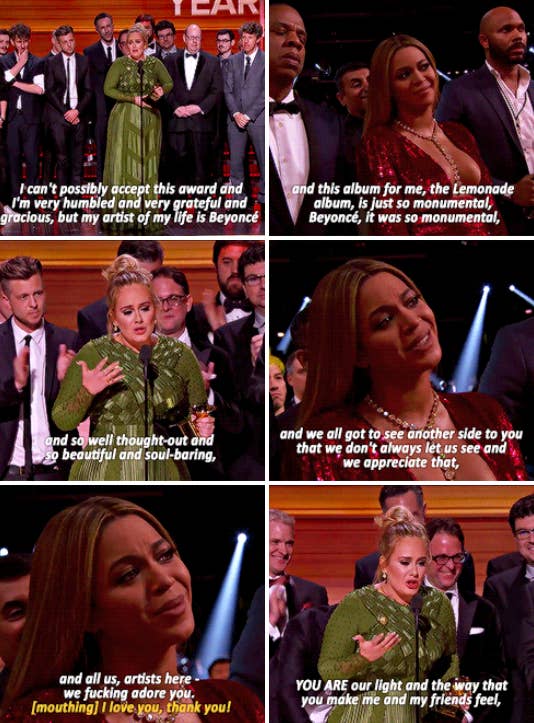 Adele praising Beyoncé for the &quot;Lemonade&quot; album, saying it was monumental and &quot;So well thought-out and soul-baring&quot;