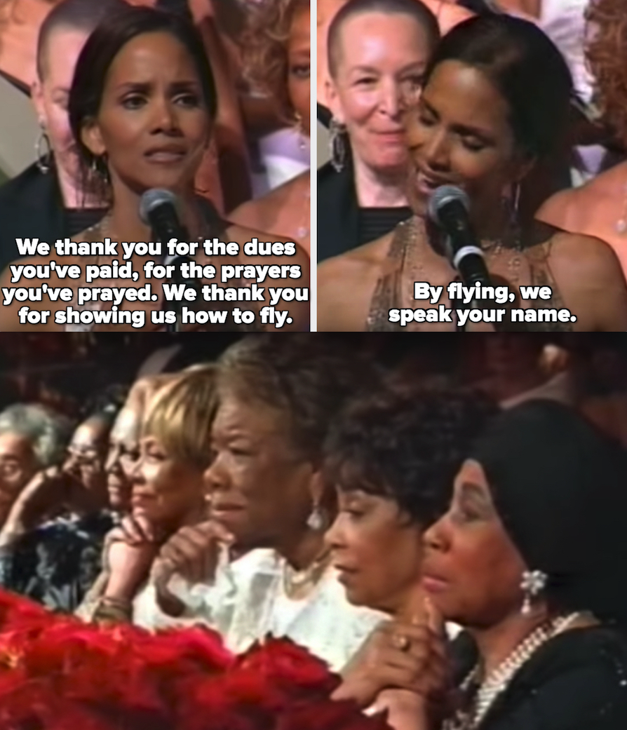 Halle Berry thanking the legends, saying: &quot;We thank you for the dues you&#x27;ve paid, for the prayers you&#x27;ve prayed. We thank you for showing us how to fly. By flying, we speak your name&quot;