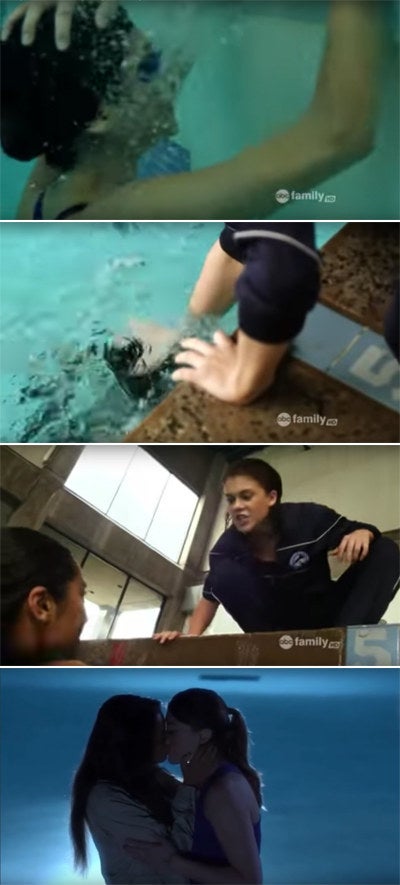 Paige holding Emily's head under the pool water and them kissing later on
