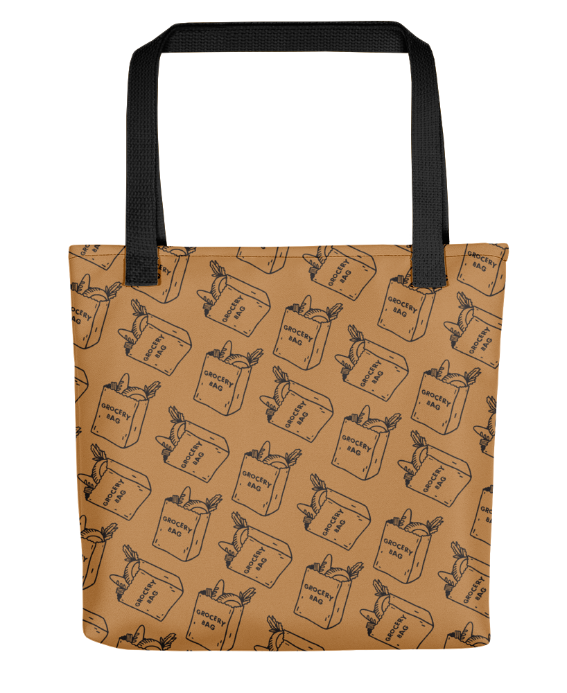 A brown tote bag with illustrations of paper grocery bags that say &quot;grocery bag&quot; and have food peeking out of them.