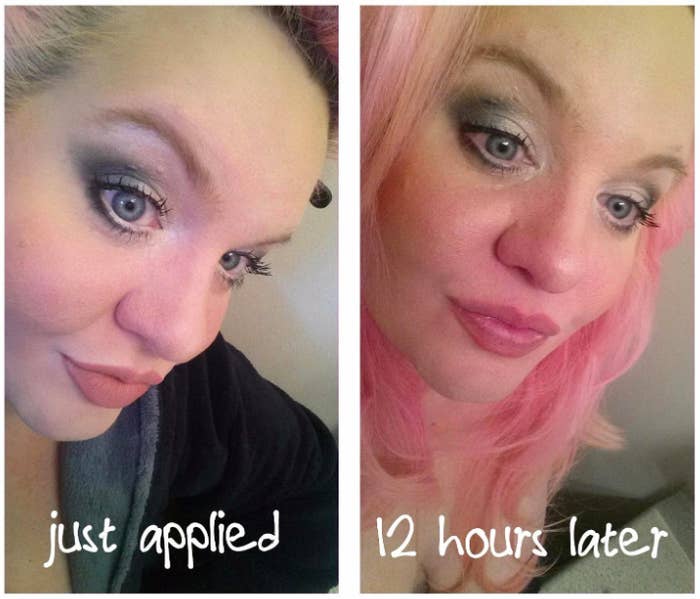 A series of customer review photos showing their makeup at the start and end of the day