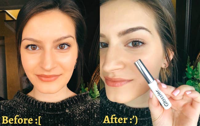 BuzzFeed editor in a before/after photos when using the brow products. After their brows are fuller and darker
