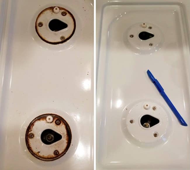 A before and after customer review photo of their stove top
