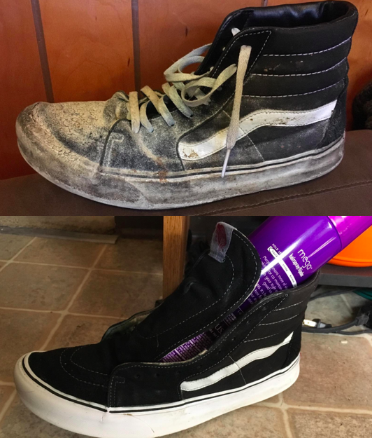 A customer review photo showing their sneaker before and after using the shoe cleaner