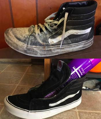 a reviewer's before and after of a dirty and then clean black sneaker