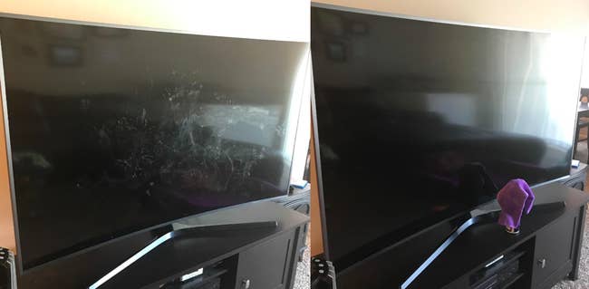 Reviewer showing their TV screen before and after cleaning it