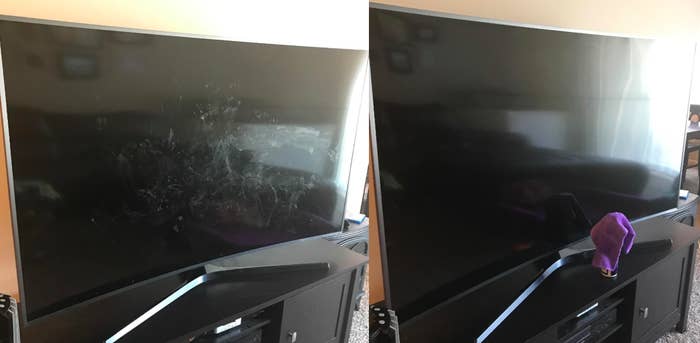 A customer review photo showing their TV screen before and after cleaning it