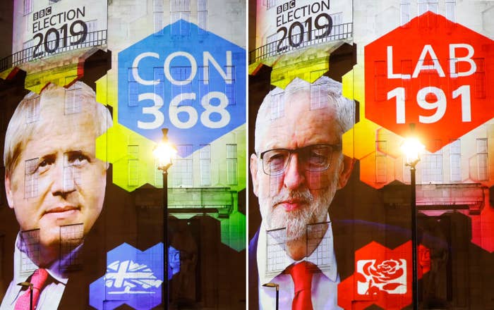 Exit poll results projected on the outside of the BBC building in London