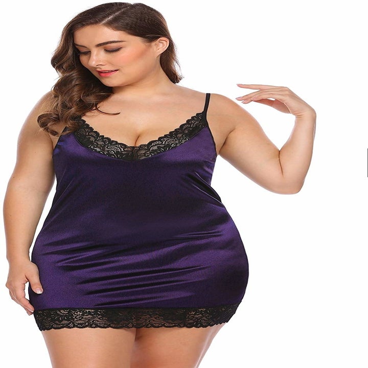 A model wearing the chemise in purple