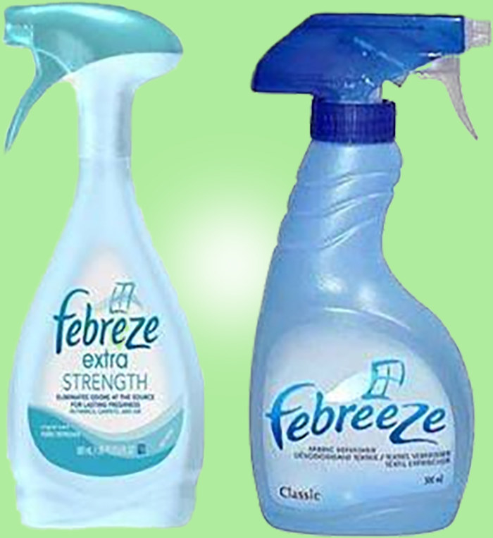 A spray bottle of Febreze next to a bottle of Febreeze