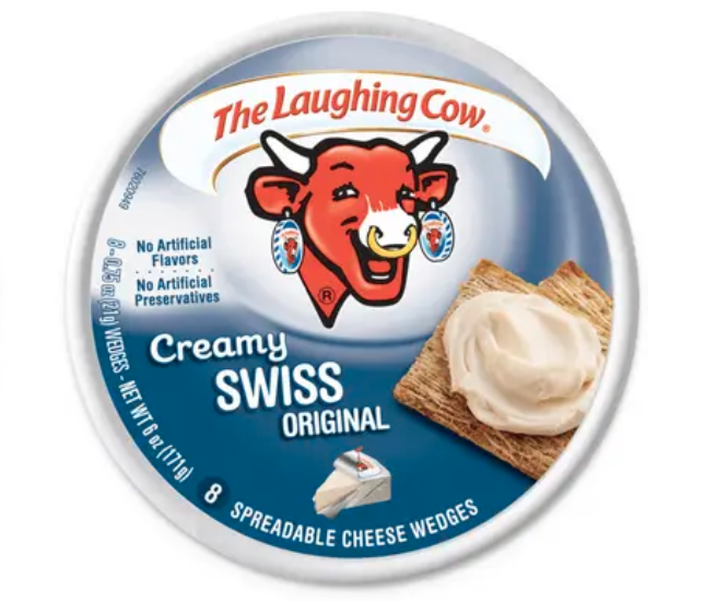The Laughing Cow mascot with and without a nose ring