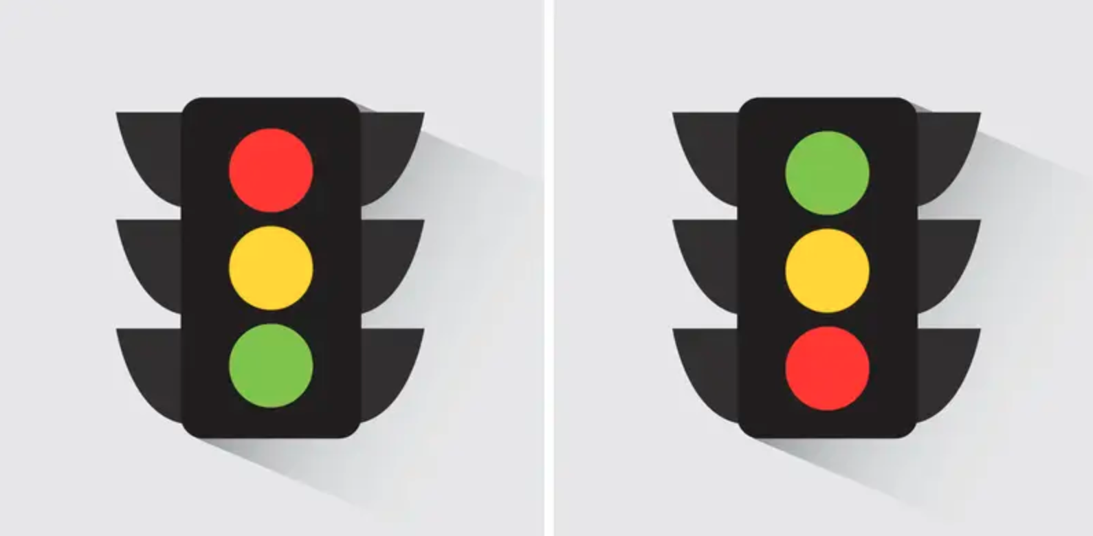 A stop light with red at the top and green at the bottom next to one with green at the top and red at the bottom