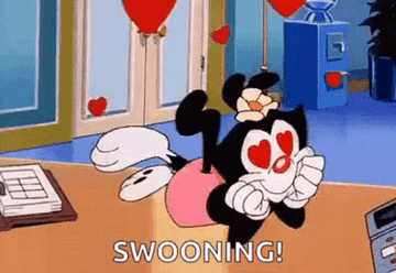 Gif of Dot Warner from Animaniacs looking at something with heart eyes 