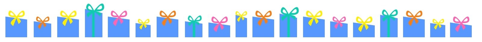 This is a graphic of about 20 blue gift boxes with different colored bows at the top all sitting in a line.
