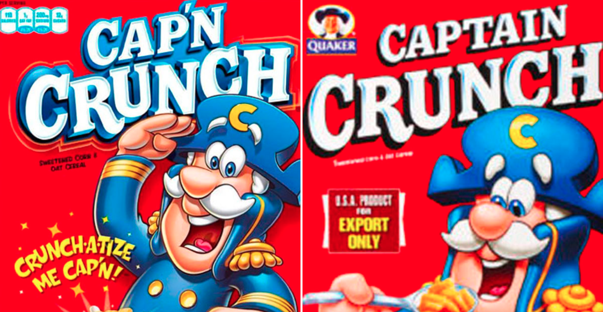 A box of cereal that reads Cap'N Crunch next to a box that says Captain Crunch