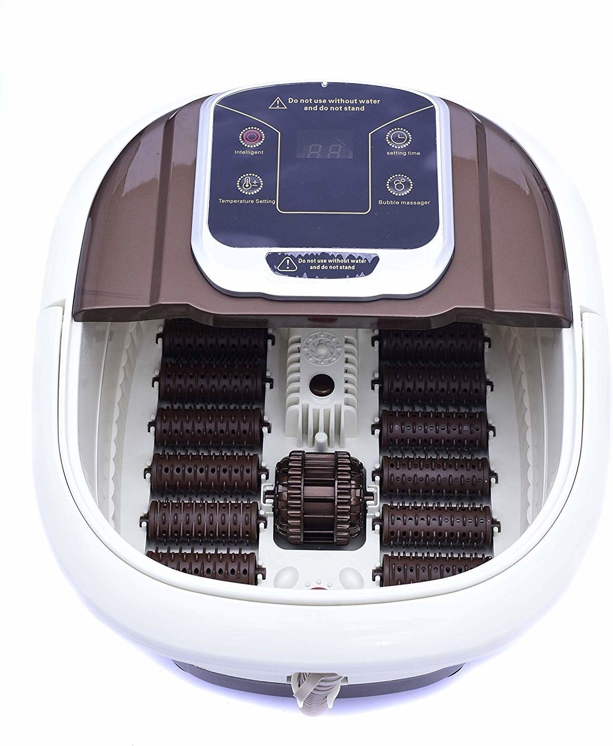 A white, blue, and brown foot massager and spa tub