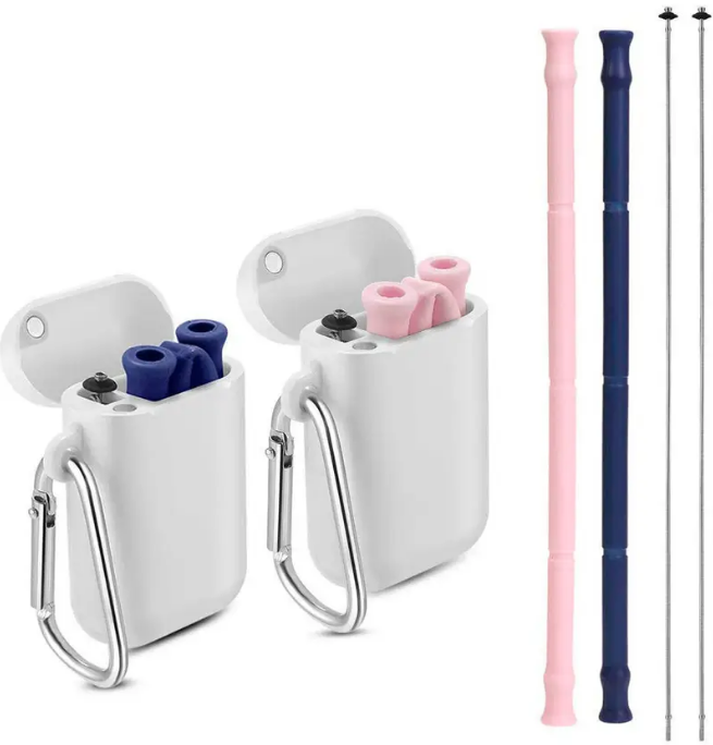 Two silicone straws folded into small carrying cases