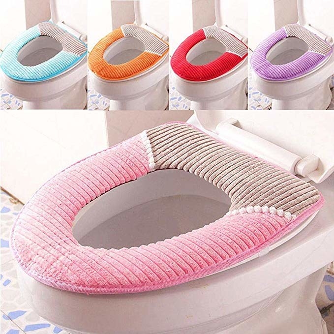 Collage of multi-colour toilet seat cushions.