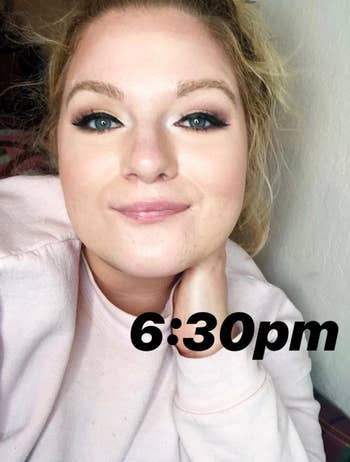 the same reviewer at 6:30 p.m. showing their eye makeup still looks the same