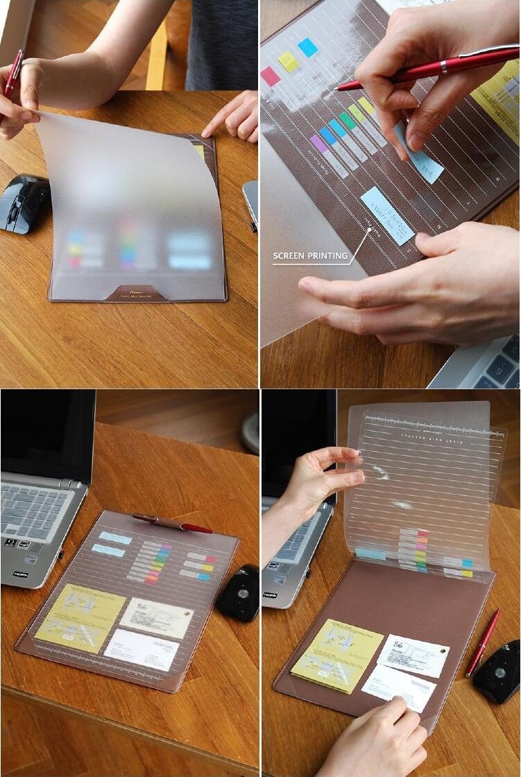 A four-paneled image showing the clear panels that can be lifted up to insert sticky notes and other documents 