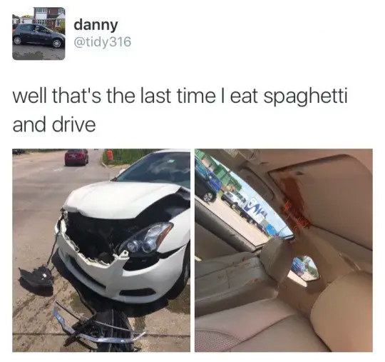 person who crashed eating spaghetti while driviing