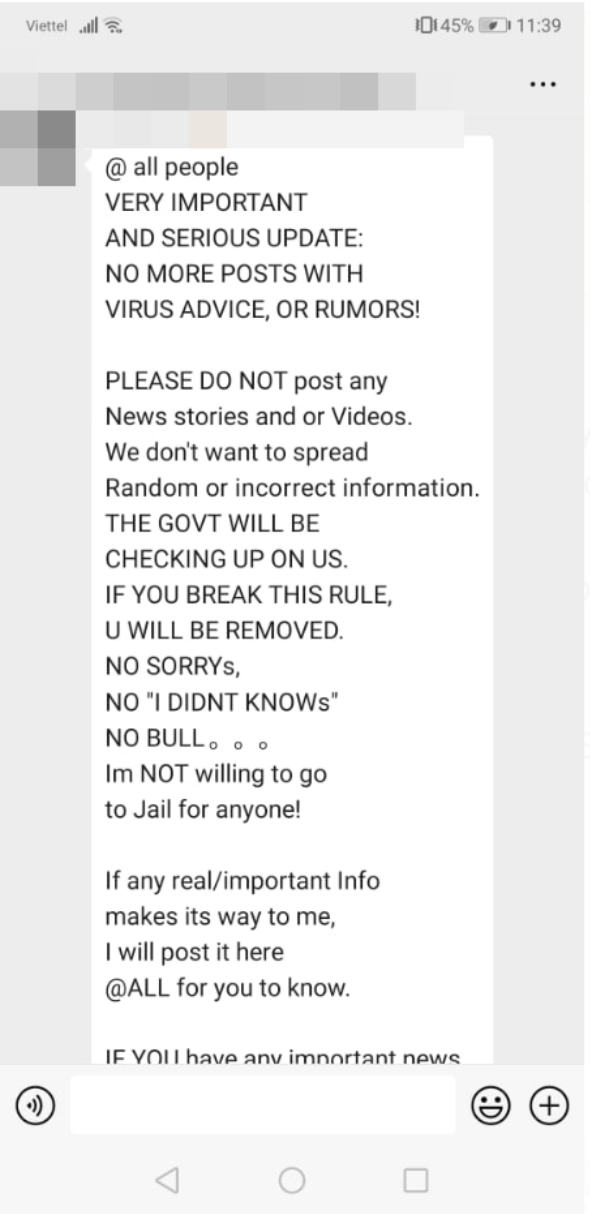 A message Julia received in a group chat on WeChat, warning against the sharing of unverified information about the coronavirus. 