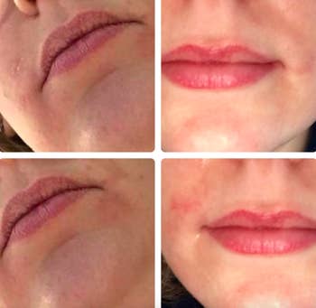A series of customer review photos showing their lips before and after using the scrub