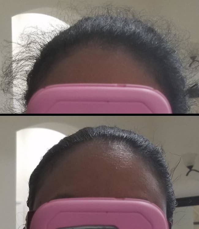 The top of a person's head before and after using the hair-finishing stick. Before using the stick, there is a lot of frizz. After using the stick, the hair is slicked back.