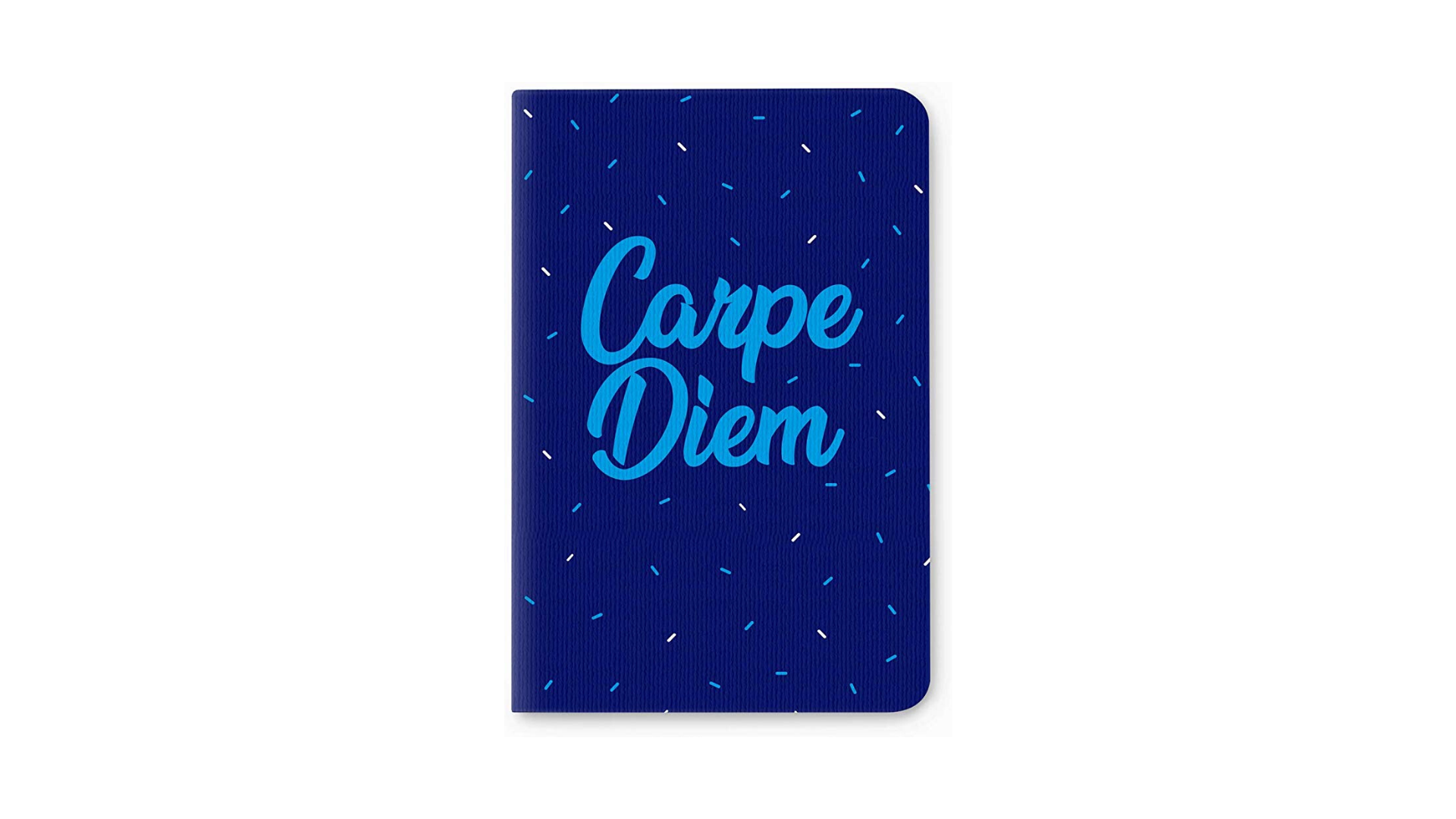 A dark blue journal with &#x27;Carpe Diem&#x27; written on it in a lighter shade of blue.