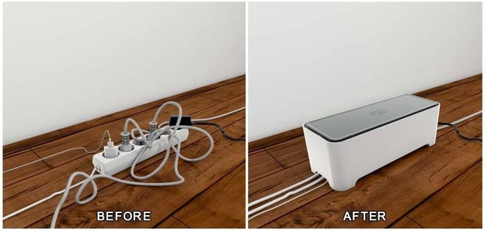 A before and after picture of messy cords perfectly organized in the hub
