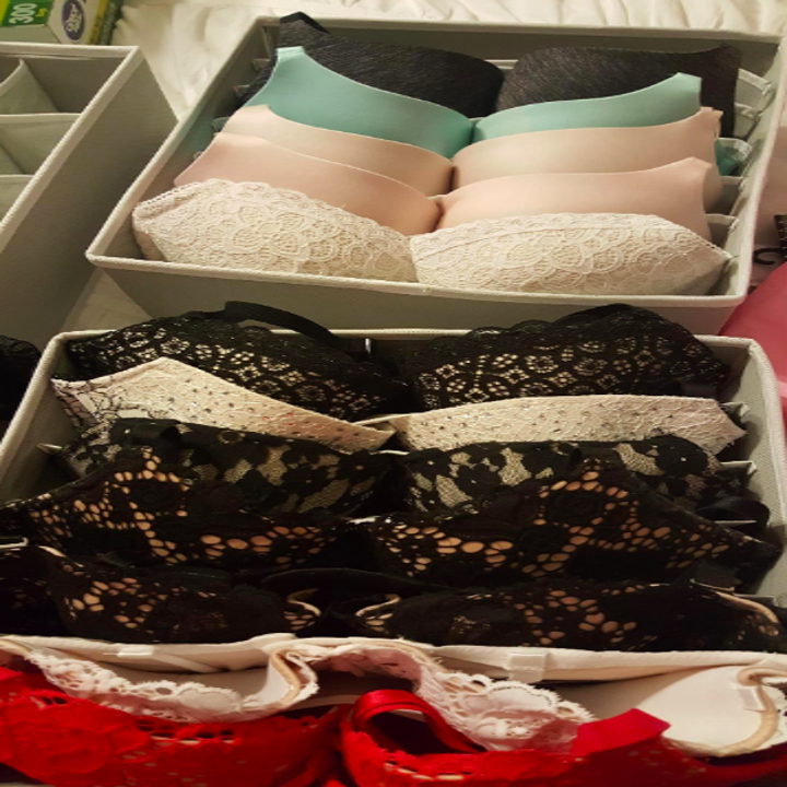 A customer review photo of their bras neatly displayed in one of the removable inserts