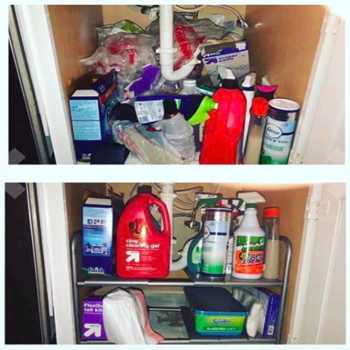 A customer review before and after photo of under their sink
