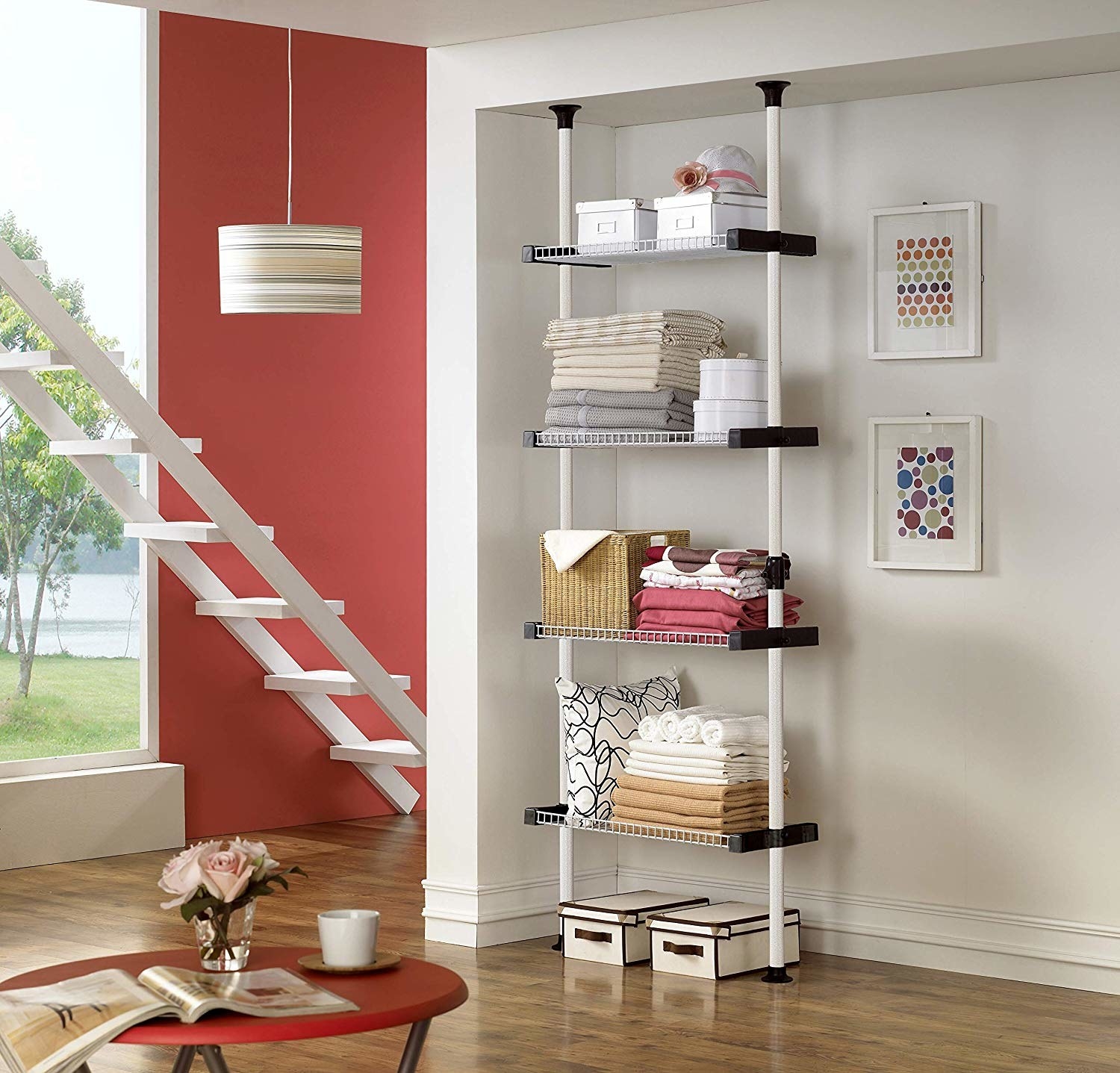 The four-shelf closet system secured in a wall nook. 