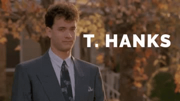 Hanks in &quot;Big&quot; raises a hand with the text &quot;T Hanks&quot; on the screen