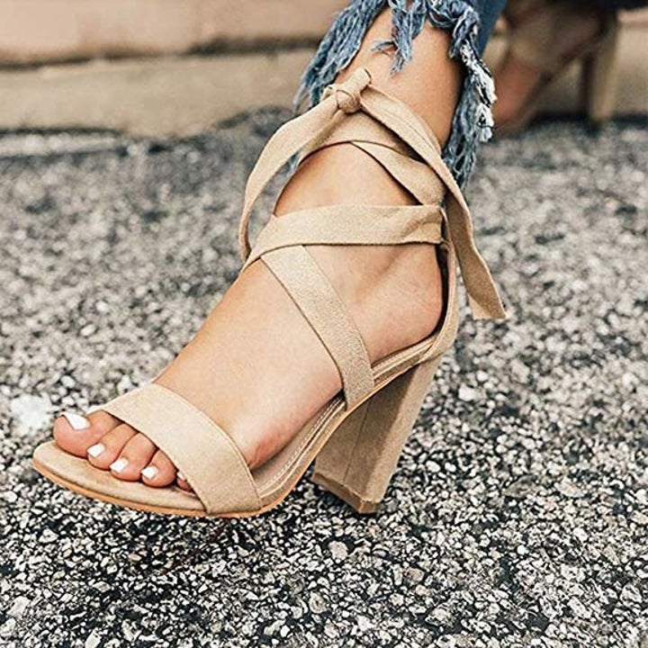 tan heels with a tie-up strap