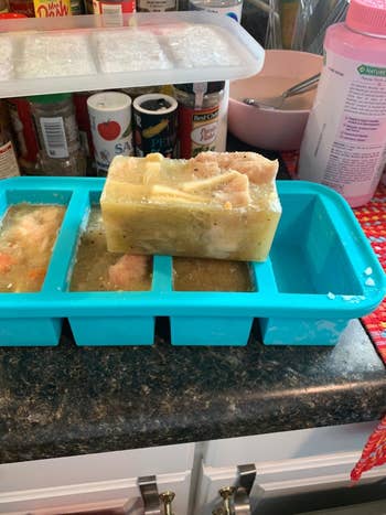Same reviewer's photo of the soup that is now frozen in a rectangular cube