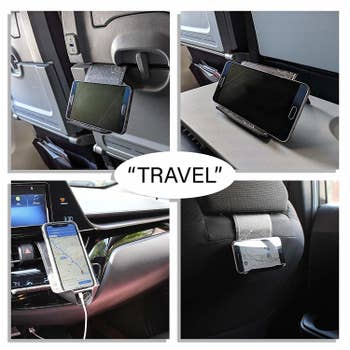the phone holder being used on a plane and in a car to prop up a phone in different ways 