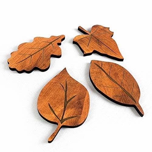 Wooden leaf-shaped coasters.