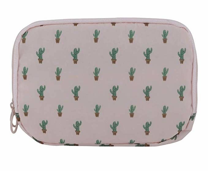 White pouch with cacti print.